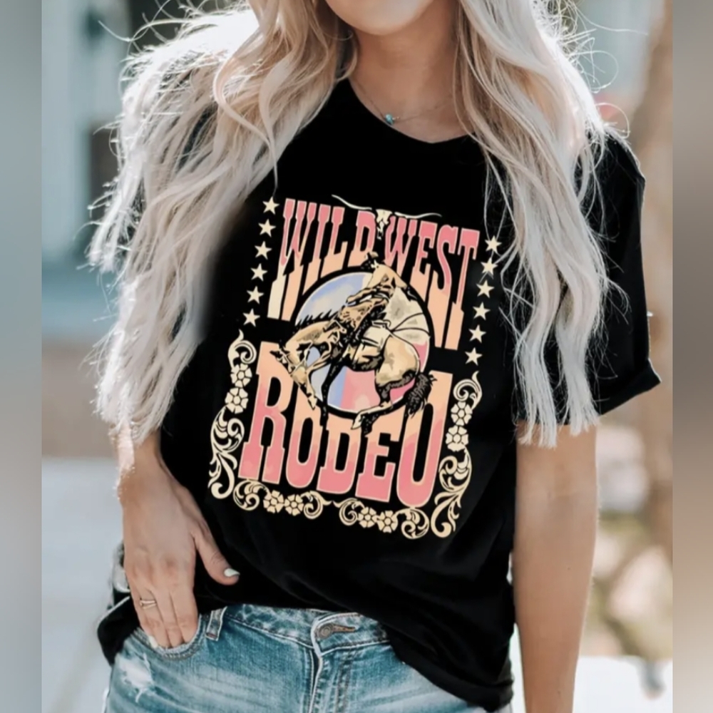 Black pink and cream western wild west rodeo short sleeve tee size S